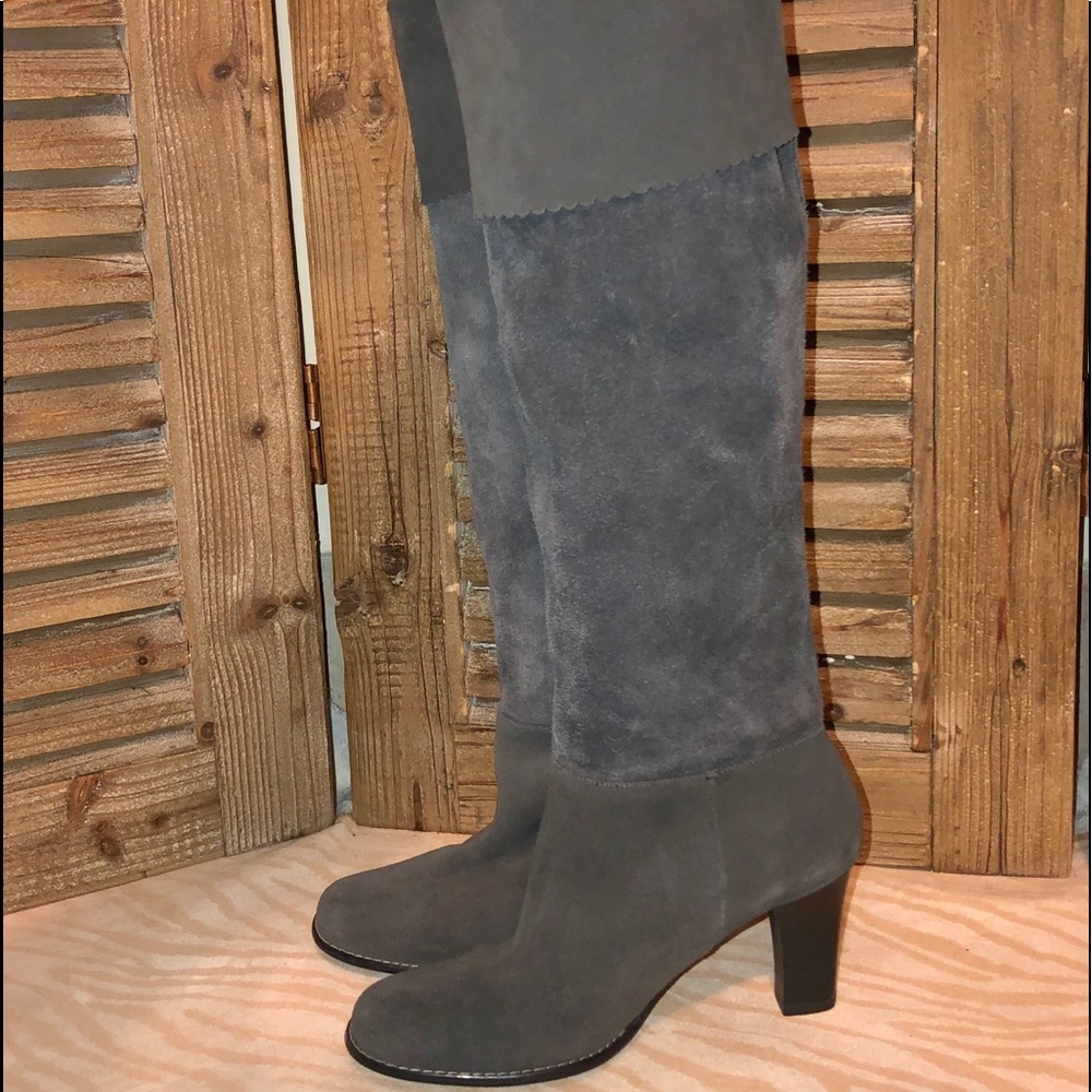 Leather knee high, heeled boots, gray, slouch. 6.5